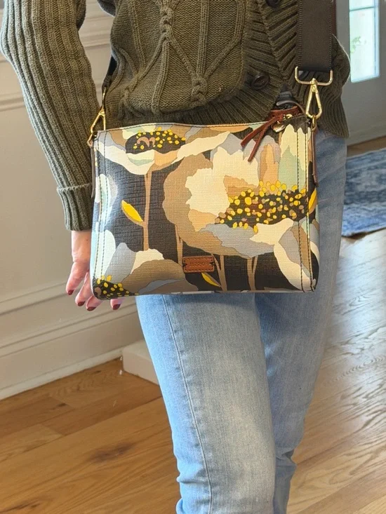 Fossil Boho Floral Coated Canvas Crossbody Bag Brown/Blue Gold (GUC) - Picture 1 of 17